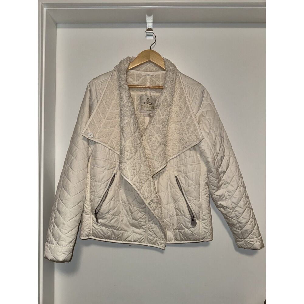 PRANA Womens Sherpa Fleece Lined Diva Puffer Jacket Asymmetric Zip Ivory LARGE - Picture 2 of 7